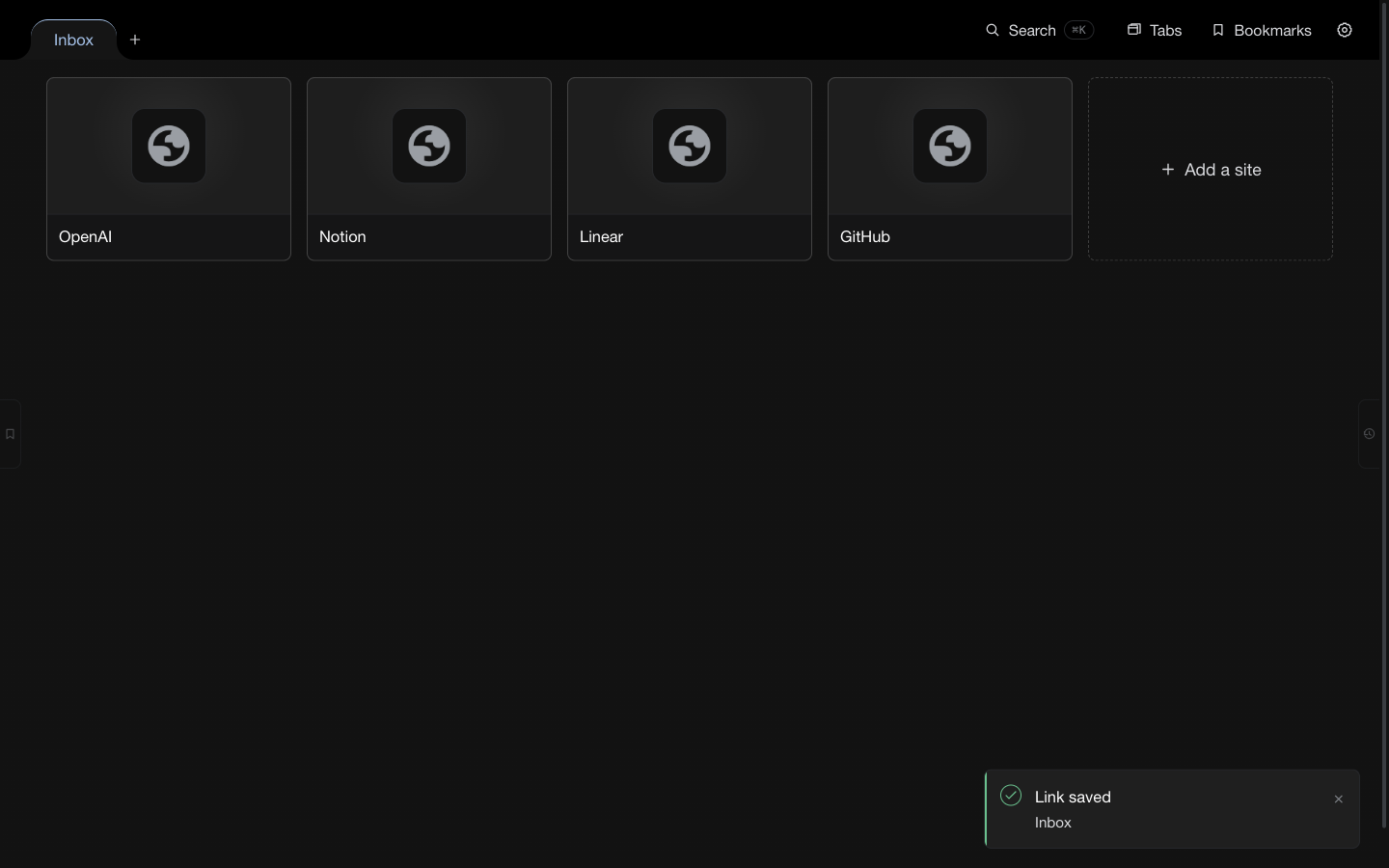 TabSyn Speed Dial showing four saved websites in a private new tab dashboard